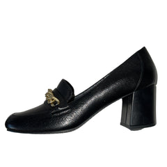 TAHARI Women's Lulu Chunky-Heeled Gold Chain Loafer - Black Leather 7M