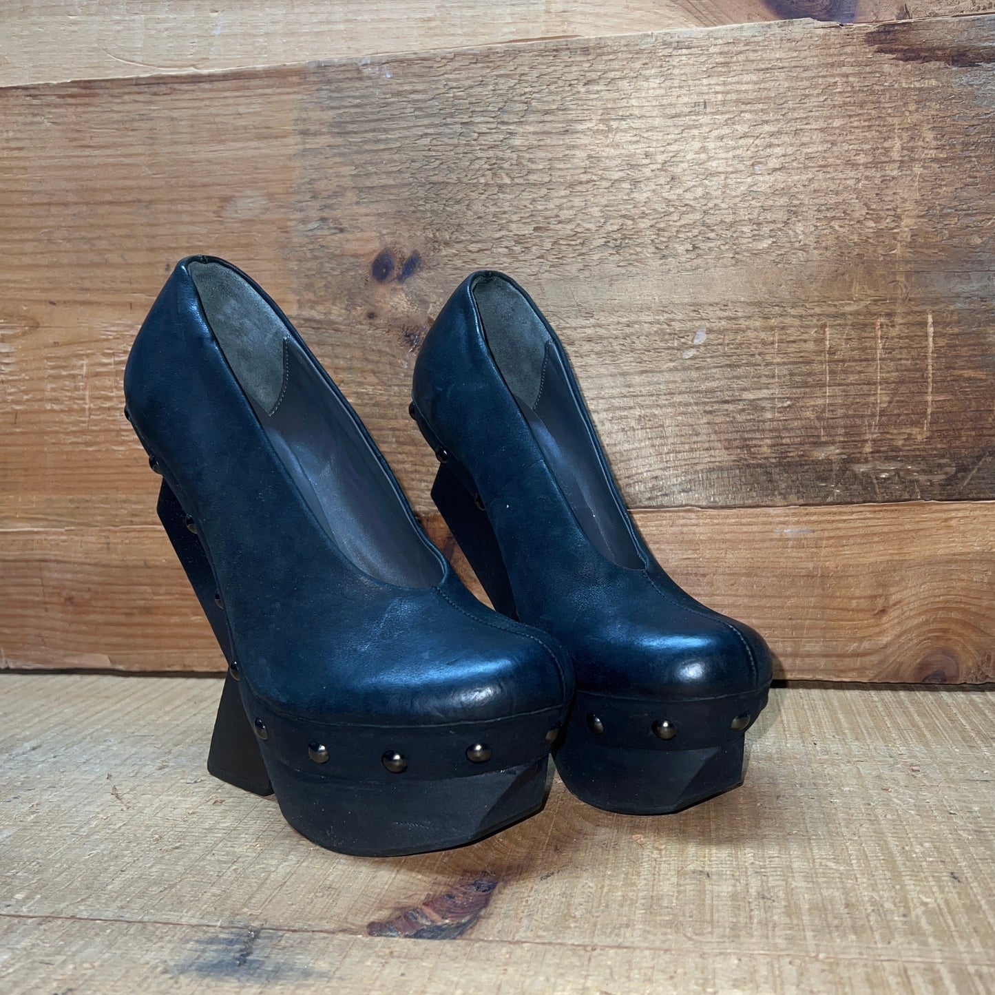 UNITED NUDE Women's Abstract Rustic Wood Platform High Heel 37 Black Leather