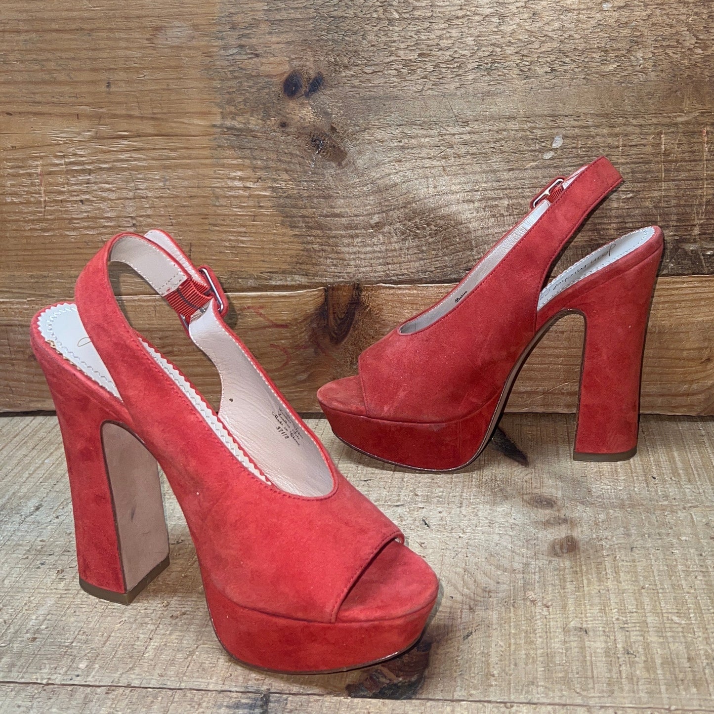 Jean Michal Cazibet Women's •Shikira• Peep-Toe Platform Sling-back 37.5 Red Kid Suede