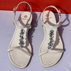 Woman’s Isola Trista T-strap Jeweled Sandal 10M White Leather