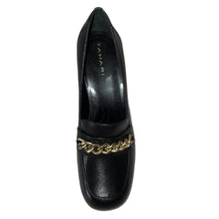 TAHARI Women's Lulu Chunky-Heeled Gold Chain Loafer - Black Leather 7M