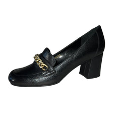TAHARI Women's Lulu Chunky-Heeled Gold Chain Loafer - Black Leather 7M