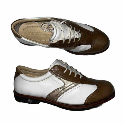 Women’s Ecco Spiked Golf Shoe 38EU White/Brown/Metallic Hydromax  Leather