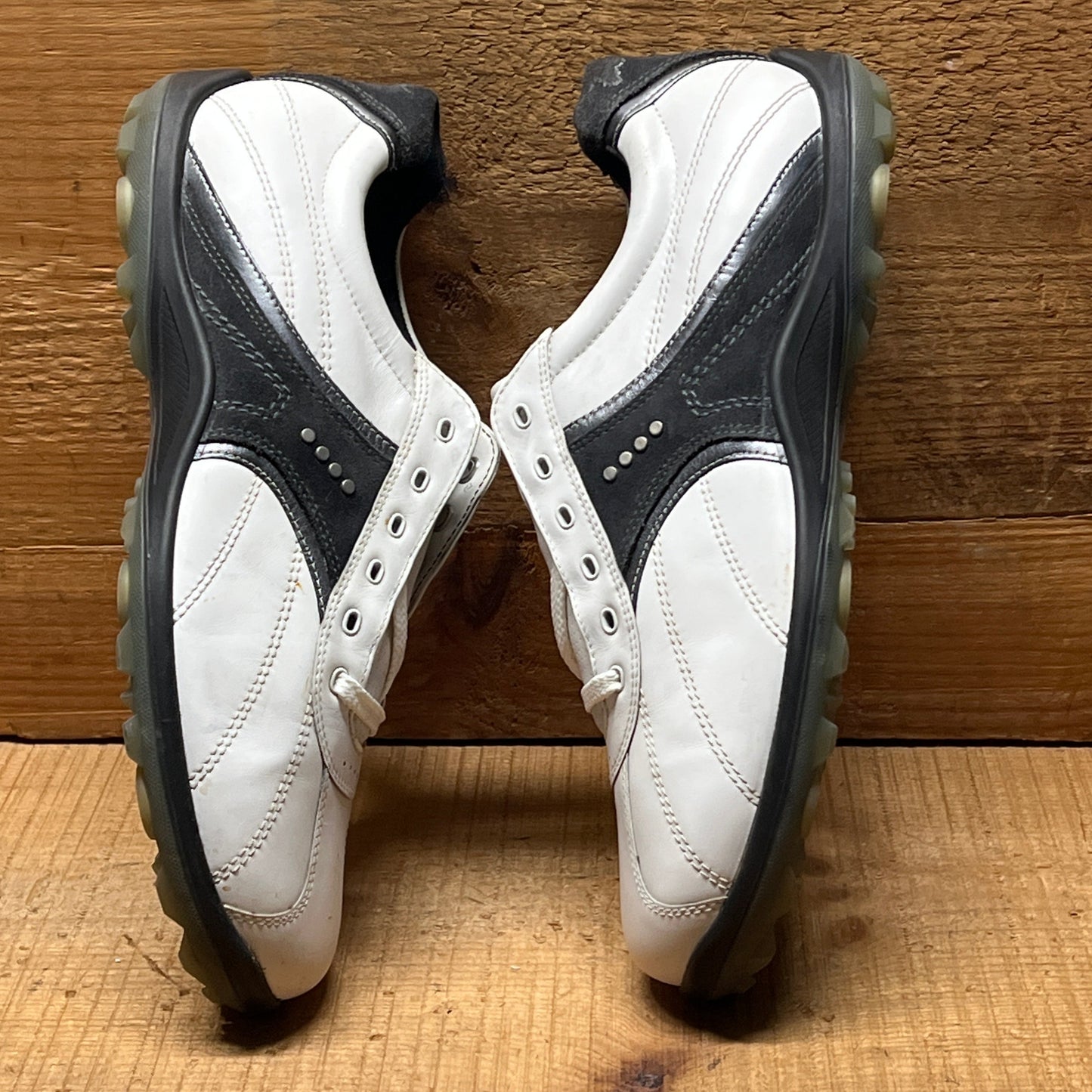 Men’s Ecco Hydomax Cleated Golf Shoe •White/Black/BronzeLeather • Size 45