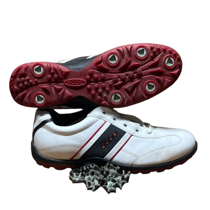 Men’s Ecco Hydomax Cleated Golf Shoe •White/Black/Red Hjydromax Leather • Size 46