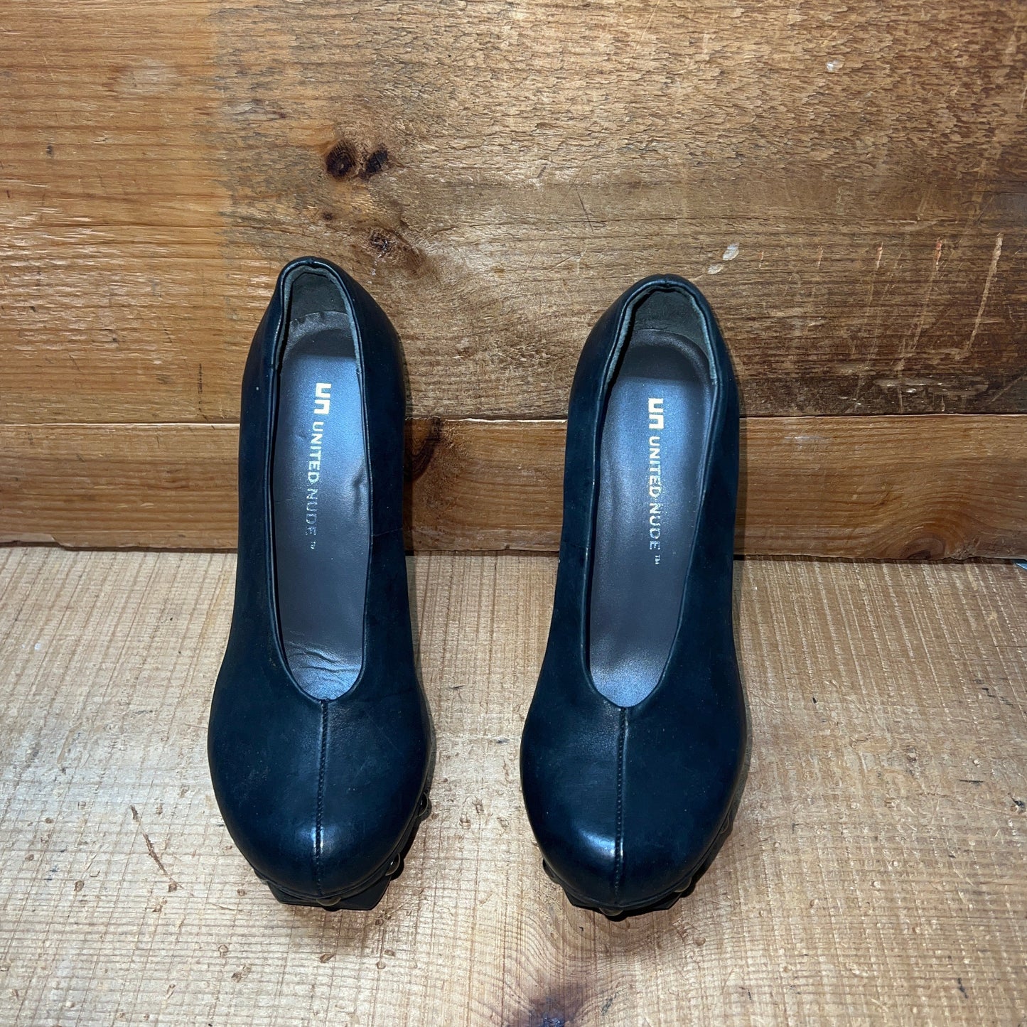 UNITED NUDE Women's Abstract Rustic Wood Platform High Heel 37 Black Leather