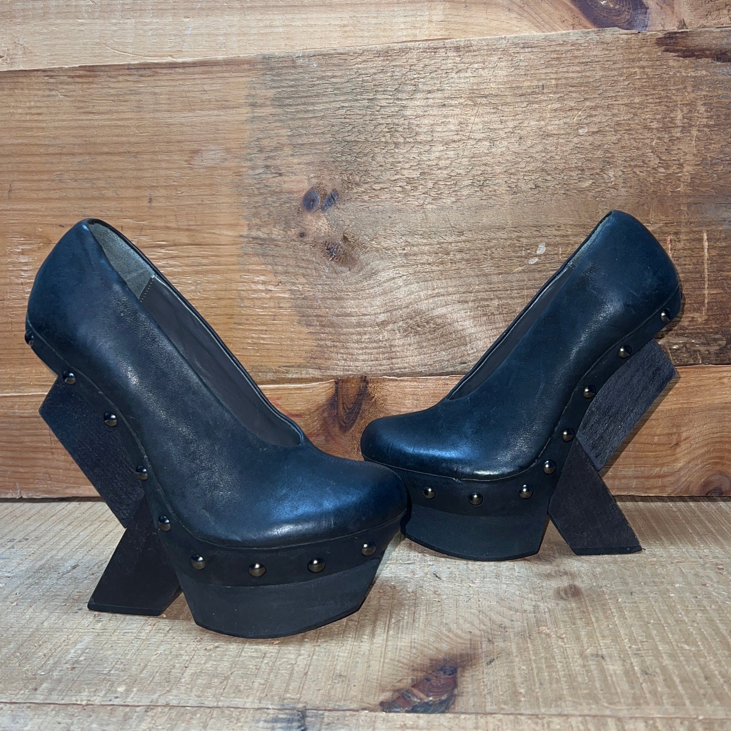 UNITED NUDE Women's Abstract Rustic Wood Platform High Heel 37 Black Leather