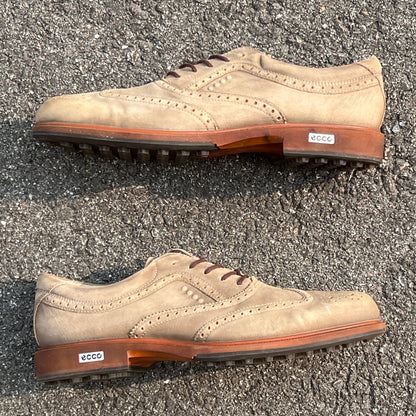 Men’s Ecco Wing-Tip  Cleat-less Golf Shoe 44EU • Taupe NuBuck • Hydromax Leather
