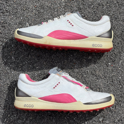 Women’s Ecco  Biom Spikeless Golf Shoes 38EU -White/Pink- Hydromax Yak Leather