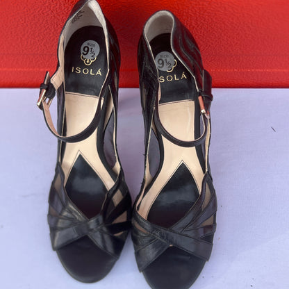 Isola Women's •Braewyn• Peep-toe Ankle Strap Sandal 9.5M Mesh/Black Leather