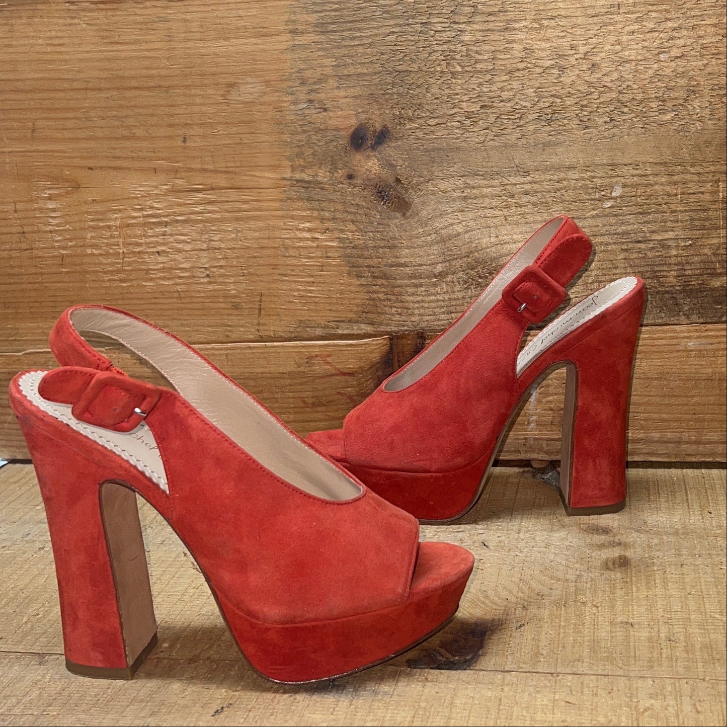 Jean Michal Cazibet Women's •Shikira• Peep-Toe Platform Sling-back 37.5 Red Kid Suede