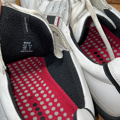 Men’s Ecco Hydomax Cleated Golf Shoe •White/Black/Red Hjydromax Leather • Size 46