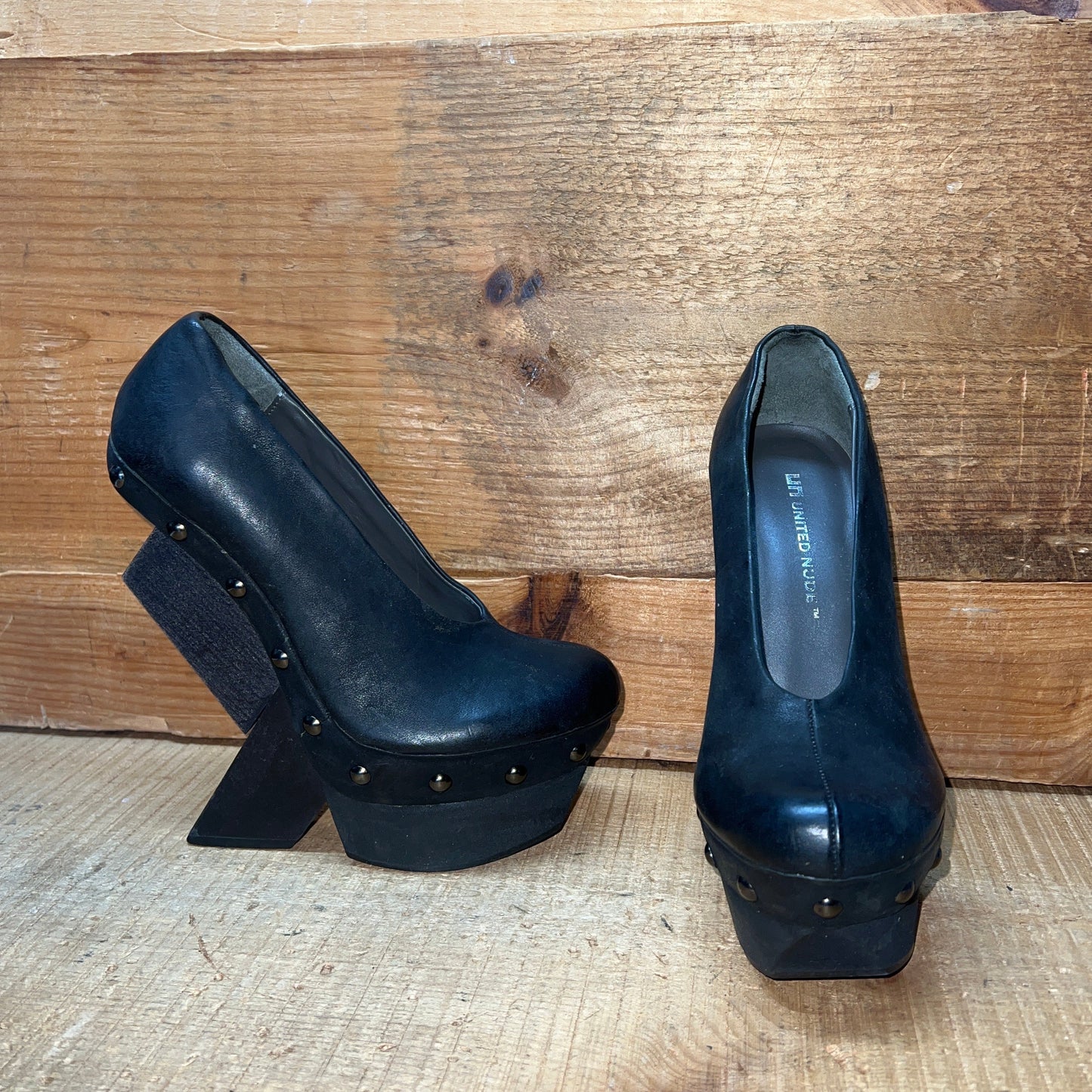 UNITED NUDE Women's Abstract Rustic Wood Platform High Heel 37 Black Leather