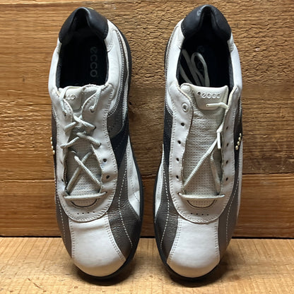Men’s Ecco Hydomax Cleated Golf Shoe • White/Black Leather • Size 46