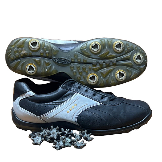 Men’s Ecco Hydomax Cleated Golf Shoe • Black/White Leather • Size 44