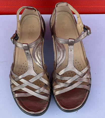 Woman’s Ecco  Strappy Wedge Sandal 39M Metallic Leather