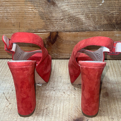 Jean Michal Cazibet Women's •Shikira• Peep-Toe Platform Sling-back 37.5 Red Kid Suede