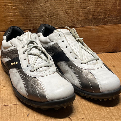 Men’s Ecco Hydomax Cleated Golf Shoe • White/Black Leather • Size 46
