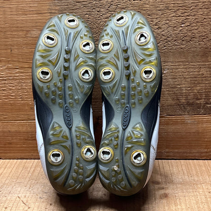 Men’s Ecco Hydomax Cleated Golf Shoe • Black/White Leather • Size 44