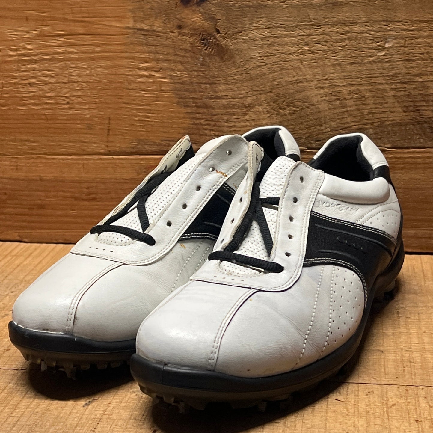Men’s Ecco Hydomax Cleated Golf Shoe • White/Black ydromax Leather • Size 46