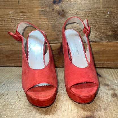 Jean Michal Cazibet Women's •Shikira• Peep-Toe Platform Sling-back 37.5 Red Kid Suede