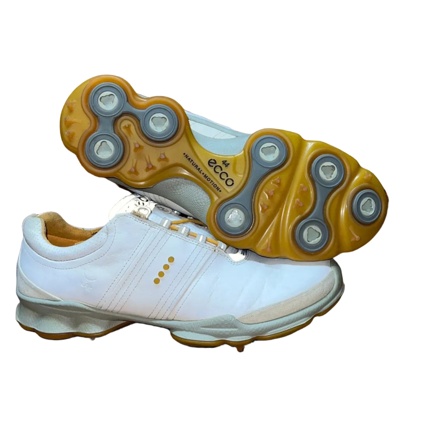 Men’s Ecco Biom Cleated Golf Shoe  44EU •White/Grey/Citron• Hydromax Yak Leather